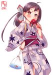  10s 1girl 2017 ahoge black_hair candy_apple checkered checkered_kimono cowboy_shot dated food fujinami_(kantai_collection) hair_ribbon highres japanese_clothes kanon_(kurogane_knights) kantai_collection kimono lavender_kimono logo long_hair looking_at_viewer ribbon side_ponytail simple_background solo white_background white_ribbon yellow_eyes yukata 