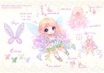  1girl artist_name bangs bare_shoulders blonde_hair borrowed_character braid butterfly_wings chibi closed_mouth dress drill_hair english eyebrows_visible_through_hair flower full_body gem green_eyes hair_flower hair_ornament hyanna-natsu layered_dress long_hair multicolored multicolored_clothes multicolored_dress original outstretched_arms sandals shiny shiny_hair smile solo strapless swept_bangs tareme twin_braids very_long_hair wings yellow_background 