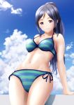  1girl arm_support bare_arms bare_shoulders bikini blue_ribbon blue_sky breasts cleavage clouds collarbone cowboy_shot day from_below halterneck highres leaning_back lips long_hair looking_at_viewer looking_down love_live! love_live!_sunshine!! matsuura_kanan medium_breasts multicolored multicolored_bikini multicolored_clothes navel outdoors papi_(papiron100) parted_lips purple_hair ribbon side-tie_bikini sky smile solo standing stomach striped striped_bikini swimsuit violet_eyes 