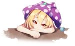  1girl bare_arms blonde_hair clownpiece commentary_request hat head_tilt jester_cap leaning_forward looking_at_viewer polka_dot purple_hat red_eyes smile solo table touhou upper_body white_background z.o.b 