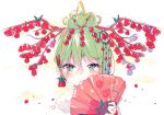  1girl artist_name blush borrowed_character earrings fan floral_print flower_earrings folding_fan green_eyes green_hair hair_between_eyes hair_bun hair_ornament hairclip holding holding_fan horns hyanna-natsu jewelry original parted_lips shiny shiny_hair short_hair smile solo tsurime two-tone_background upper_body 