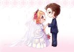  1boy 1girl :d artist_name black_jacket black_pants blonde_hair blush bouquet bridal_veil bride brown_eyes brown_hair chibi closed_mouth couple crying crying_with_eyes_open dress eye_contact flower formal full_body gradient gradient_background groom hair_flower hair_ornament hand_holding happy_tears hetero holding holding_bouquet hyanna-natsu jacket looking_at_another open_mouth pants pink_background red_eyes red_rose rose see-through short_sleeves skip_beat! smile sparkle standing suit tareme tears tiara veil wedding_dress 