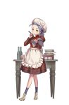  1girl apron blue_legwear book book_stack bottle bowl chef_hat egg full_body green_eyes hand_up hat highres holding holding_book looking_at_viewer maid_apron nikki_quinnell official_art open_book pen princess_principal princess_principal_game_of_mission puffy_sleeves purple_hair red_skirt shoes skirt socks standing table white_shoes 