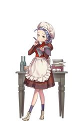  1girl apron blue_legwear book book_stack bottle bowl chef_hat egg full_body green_eyes hand_up hat highres holding holding_book looking_at_viewer maid_apron nikki_quinnell official_art open_book pen princess_principal princess_principal_game_of_mission puffy_sleeves purple_hair red_skirt shoes skirt socks standing table white_shoes 