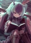  1girl absurdres black_dress blue_hair blurry blurry_background blush book boots closed_mouth curiosities_of_lotus_asia depth_of_field dress frilled_skirt frills grey_eyes highres holding holding_book horns looking_down multicolored_hair open_book reiesu_(reis) short_hair sitting skirt smile solo tokiko_(touhou) touhou two-tone_hair white_hair wings 