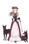  1girl black_gloves blonde_hair blue_eyes bow brown_footwear crossed_arms doberman dog dress elizabeth_cassandra_austin flower full_body gloves hat hat_bow hat_flower highres long_hair looking_at_viewer official_art princess_principal princess_principal_game_of_mission red_bow riding_crop shoes standing 