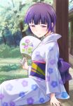  1girl bandage day e20 eromanga_sensei eyebrows_visible_through_hair fan grey_kimono holding holding_fan japanese_clothes kimono outdoors purple_hair senju_muramasa short_hair sitting solo violet_eyes yukata 