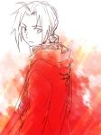  1boy back_turned black braid coat edward_elric expressionless eyebrows_visible_through_hair frown fullmetal_alchemist looking_at_viewer looking_back lowres male_focus monochrome red red_coat riru solo_focus white 