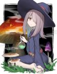  1girl absurdres bangs barefoot blue_dress brown_eyes closed_mouth dress eyebrows_visible_through_hair flask grass grey_hair hair_over_one_eye hat highres holding little_witch_academia looking_at_viewer looking_back mushroom sidelocks smoke soles solo sucy_manbavaran tadaomi_(amomom) wide_sleeves witch_hat 