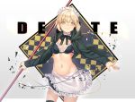  1girl apron artoria_pendragon_(all) artoria_pendragon_(swimsuit_rider_alter)_(fate) bangs black_bikini_top black_legwear black_skirt blonde_hair breasts closed_mouth dhfz181 eyebrows_visible_through_hair fate/grand_order fate_(series) frilled_apron frills hair_between_eyes holding holding_weapon hood hoodie looking_at_viewer maid_bikini midriff navel open_clothes open_hoodie polearm sidelocks skirt small_breasts smile solo thigh-highs waist_apron weapon yellow_eyes 