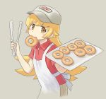  1girl apron blonde_hair doughnut doughnut_shop drawfag food grey_background hat krispy_kreme looking_at_viewer monogatari_(series) oshino_shinobu solo tongs yellow_eyes 