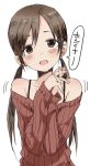  1girl :d absurdres bangs bare_shoulders blush brown_eyes brown_hair collarbone commentary_request copyright_request hair_between_eyes hands_up highres long_hair looking_at_viewer low_twintails off_shoulder open_mouth original own_hands_together ribbed_sweater simple_background sketch smile solo spaghetti_strap sweater twintails upper_body white_background yamamoto_souichirou 