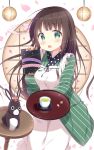  1girl ama_usa_an_uniform animal anko_(gochiusa) apron bangs blunt_bangs breasts brown_hair commentary_request cowboy_shot crescent crown cup eyebrows_visible_through_hair flower frilled_apron frills gochuumon_wa_usagi_desu_ka? green_kimono green_tea hair_flower hair_ornament highres holding holding_menu holding_tray japanese_clothes kimono lantern long_hair long_sleeves looking_at_viewer maid_apron medium_breasts mini_crown on_table open_mouth paper_lantern petals pink_ribbon polka_dot_trim ribbon round_window saucer smile striped striped_kimono sui-95 table tea tray ujimatsu_chiya white_apron white_background white_flower wide_sleeves window 