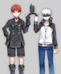  2boys backpack bag bangs black_footwear black_gloves black_jacket black_legwear black_neckwear black_shorts blindfold blue_pants boots choker clenched_hands closed_mouth collared_jacket command_spell commentary_request cosplay costume_switch covered_eyes denim emiya_shirou emiya_shirou_(cosplay) eyebrows_visible_through_hair fate/stay_night fate_(series) fist_bump gloves hand_on_hip high_collar highres ichiren_namiro jacket jeans long_sleeves looking_at_another male_focus multiple_boys nier_(series) nier_automata pants pod_(nier_automata) redhead shirt shorts smile socks standing white_hair white_shirt yellow_eyes yorha_no._9_type_s yorha_no._9_type_s_(cosplay) zipper 