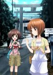  2girls :d absurdres akiyama_yukari bag bangs basket black_legwear blouse blue_blouse blue_skirt blurry blurry_background bookbag bracelet brown_eyes brown_hair brown_shorts cargo_shorts carrying casual city closed_mouth clouds cloudy_sky commentary_request day dog_tags excel_(shena) eyebrows_visible_through_hair girls_und_panzer ground_vehicle highres holding jewelry light_smile looking_at_another looking_back medium_dress messy_hair military military_vehicle motor_vehicle multiple_girls nishizumi_miho open_mouth panzerkampfwagen_iv pink_shirt postcard power_lines print_shirt shirt short_hair short_over_long_sleeves shorts skirt sky smile socks standing suspender_shorts suspenders t-shirt tank torii traffic_light translated tree utility_pole watch watch yellow_blouse 
