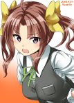  10s 1girl 2017 ahoge artist_name brown_hair close-up dated gloves green_ribbon hair_ribbon highres kagerou_(kantai_collection) kamelie kantai_collection looking_at_viewer neck_ribbon open_mouth orange_background ribbon school_uniform simple_background solo twintails upper_body vest white_gloves yellow_ribbon 