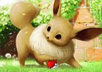  :3 blurry blurry_background brick_wall closed_mouth commentary_request day depth_of_field eevee flower grass no_humans outdoors playing poke_ball pokemon pokemon_(creature) realistic solo teru_sakura 