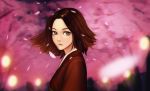  1girl blurry blurry_background brown_eyes brown_hair cherry_blossoms commentary_request depth_of_field expressionless highres japanese_clothes jungon_kim kimono lips looking_at_viewer looking_to_the_side obi parted_lips petals red_kimono sash solo standing 