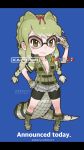  1girl alligator_tail bike_shorts bike_shorts_under_shorts blue_background breasts cleavage english fingerless_gloves glasses gloves green_eyes green_hair hair_ribbon highres jacket kemono_friends letterboxed official_art pun ribbon scientific_name shorts simple_background solo spectacled_caiman_(kemono_friends) tail yoshizaki_mine 