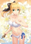  1girl ahoge artoria_pendragon_(all) bandeau bangs bare_shoulders bikini black_bow blonde_hair bow breasts closed_mouth collarbone cowboy_shot eyebrows_visible_through_hair fate/stay_night fate_(series) floral_background flower green_eyes hair_between_eyes hair_bow hand_up holding holding_sword holding_weapon lily_(flower) long_hair looking_at_viewer lunacle medium_breasts navel ponytail saber_lily solo swimsuit sword thighs weapon white_bikini white_flower 