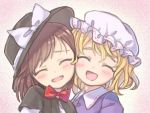  2girls :d bangs black_hat blonde_hair blush bow bowtie brown_hair capelet cheek-to-cheek closed_eyes commentary_request face hat hat_bow maribel_hearn mob_cap multiple_girls open_mouth portrait red_bow red_bowtie sasa_kichi short_hair smile touhou usami_renko white_bow white_hat 