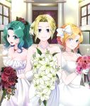  3girls :d alternate_costume alternate_hairstyle bare_shoulders blonde_hair blue_eyes blurry bouquet bow braid breasts celes_chere church cleavage closed_mouth collarbone depth_of_field door dress elbow_gloves eyebrows_visible_through_hair eyes_visible_through_hair facing_viewer final_fantasy final_fantasy_vi flower french_braid frilled_gloves frilled_sleeves frills gloves hair_bow hair_flower hair_intakes hair_ornament high_ponytail highres holding holding_bouquet indoors jewelry large_breasts leaf light_particles lily_(flower) lips long_hair looking_at_viewer multiple_girls necklace open_mouth orange_rose pearl pearl_necklace pink_lips pink_rose puffy_short_sleeves puffy_sleeves red_rose relm_arrowny rose short_hair short_sleeves smile sparkle stairs strapless strapless_dress take_your_pick tina_branford tongue wedding_dress white_bow white_choker white_dress white_gloves window yuuri_(kazuya1008) 