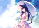  1girl animal_ears bangs bare_shoulders black_hair blunt_bangs casual cat_ears cat_tail closed_mouth clouds cloudy_sky cowboy_shot day dress eyebrows_visible_through_hair floral_print frilled_sleeves frills hirano_katsuyuki holding holding_umbrella long_hair looking_at_viewer original outdoors pink_dress short_sleeves sky smile solo standing tail tree umbrella violet_eyes white_umbrella 