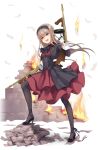  1girl :d black_ascot black_footwear black_legwear brown_hair dress dual_wielding elena_clay fire full_body gloves gun hairband high_heels highres holding holding_gun holding_weapon leg_up long_hair looking_at_viewer money official_art open_mouth pantyhose princess_principal princess_principal_game_of_mission red_dress shoes smile solo standing violet_eyes weapon weapon_request white_gloves 