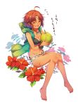  1girl ahoge barefoot bikini black_bikini blue_eyes bracelet breasts claws cleavage closed_eyes fang feathers flower flying_sweatdrops food front-tie_top fruit full_body hibiscus highres hood hoodie jewelry mataichi_matarou medium_breasts navel necklace open_clothes open_mouth open_shorts redhead scar short_hair short_shorts shorts sitting smile sweat swimsuit tan tanline yuba_no_shirushi 
