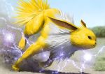  blue_sky closed_mouth commentary_request day electricity from_side grass jolteon looking_afar no_humans outdoors pokemon pokemon_(creature) realistic running sand sky solo teru_sakura 