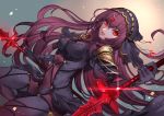  1girl bodysuit covered_navel eyebrows_visible_through_hair fate/grand_order fate_(series) floating_hair hair_between_eyes holding holding_weapon jigenn long_hair looking_at_viewer parted_lips polearm purple_hair red_eyes scathach_(fate/grand_order) solo spear very_long_hair weapon 