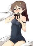  10s 1boy 1girl absurdres admiral_(kantai_collection) artist_name blush breasts brown_hair gloves hair_between_eyes hair_down highres kantai_collection long_hair medium_breasts mouth_hold off_shoulder out_of_frame red_pv ribbon_in_mouth school_swimsuit shikinami_(kantai_collection) sitting smile solo_focus swimsuit white_gloves yellow_eyes 