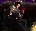  1boy 1girl aranea_highwind book borrowed_garments final_fantasy final_fantasy_xv gladiolus_amicitia head_on_shoulder jewelry legs_crossed necklace open_book reading scar sleeping tattoo 