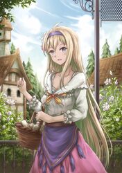 1girl :d ahoge asakurashinji blonde_hair blue_hairband breasts cleavage collarbone flower granblue_fantasy grey_eyes hair_between_eyes hair_flower hair_ornament hairband highres holding jeanne_d'arc_(granblue_fantasy) long_hair looking_at_viewer medium_breasts open_mouth outdoors pink_skirt shirt skirt smile solo standing very_long_hair white_flower white_shirt 