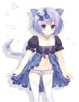  1girl :&lt; animal_ears bangs bell black_bow blue_bow blue_dress blue_eyes blue_flower blue_panties blue_rose blunt_bangs blush bob_cut bow bow_dress breasts cat_ears cat_tail cleavage closed_mouth collarbone commentary_request dot_nose dress dress_bow expressionless eyebrows_visible_through_hair eyes_visible_through_hair flower frilled_panties frilled_sleeves frills gluteal_fold groin hairband highres jewelry jingle_bell kinokomushi lace lace-trimmed_bow lace-trimmed_thighhighs lavender_hair leaning_forward looking_at_viewer lowleg lowleg_panties midriff motion_lines navel necklace panties pearl puffy_short_sleeves puffy_sleeves raised_eyebrows ribbon rose short_hair short_sleeves silhouette simple_background skirt_hold small_breasts solo standing stomach tail tail_bell tail_ribbon thigh-highs thigh_gap translation_request triangle underwear white_background white_legwear yellow_ribbon 