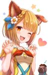  1girl ;3 ;d =_= animal_ears bangs blonde_hair blue_ribbon blunt_bangs blush bob_cut braid breasts claw_pose collarbone commentary_request dog dog_ears ear_down erune eyebrows_visible_through_hair fingernails flower french_braid garjana granblue_fantasy hair_flower hair_ornament hair_ribbon hands_up heart highres looking_at_viewer musical_note nail_polish one_eye_closed open_mouth orange_eyes orange_neckwear parted_bangs ribbon shiny shiny_hair shirt short_hair short_sleeves small_breasts smile star starry_background tomo_(user_hes4085) upper_body vajra_(granblue_fantasy) white_background white_flower white_nails yellow_shirt 