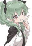  1girl absurdres anchovy aqua_eyes brown_eyes cape drill_hair girls_und_panzer grin highres long_hair looking_at_viewer necktie simple_background smile solo teeth twin_drills v white_background yamamoto_souichirou 