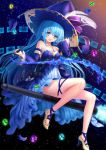  :d blue_dress blue_eyes blue_hair bow breasts cleavage detached_sleeves dress gem hat hat_bow hat_feather high_heels highres jewelry looking_at_viewer medium_breasts necklace open_mouth original purple_hat sitting smile star_(sky) stylus toshi_(1-147) witch_hat 