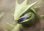  commentary_request energy face glowing_mouth green_skin looking_to_the_side no_humans open_mouth pokemon pokemon_(creature) realistic red_eyes sand scales sharp_teeth slit_pupils snout solo spikes tail teeth teru_sakura tongue tyranitar 