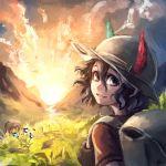  1girl backpack bag black_eyes black_hair bucket_hat ceramic_man clouds faux_traditional_media gloves grass hat hat_feather highres hill kaban_(kemono_friends) kemono_friends looking_at_viewer looking_back signature smile solo sunlight sunrise texture upper_body valley 