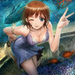  1girl :p aquarium bare_shoulders bent_over blue_eyes breasts brown_hair cleavage downblouse dress fish foreshortening hand_on_hip hands large_breasts leaning_forward one_eye_closed original shijima_(tanfn) short_dress short_hair solo tongue tongue_out v 