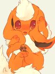  :o blush crying fang flareon from_above grey_background hideko_(l33l3b) looking_at_viewer lying no_humans on_back parted_lips pokemon pokemon_(creature) red_eyes self_hug simple_background tears 
