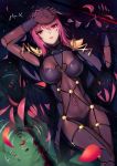  1girl absurdres bodysuit breasts fate/grand_order fate_(series) from_above hair_between_eyes highres holding holding_weapon long_hair looking_at_viewer lying medium_breasts on_back open_mouth petals pink_hair polearm red_eyes scathach_(fate/grand_order) solo spaulders weapon yuber.x 
