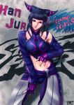  1girl absurdres alternate_costume black_hair character_name drill_hair graffiti han_juri highres jacket jacket_on_shoulders looking_at_viewer midriff mugetsu2501 navel smile solo stomach street_fighter street_fighter_v tongue tongue_out twin_drills violet_eyes wall 