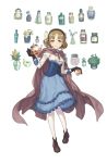  1girl bangs black_gloves blue_dress blue_eyes bottle brown_cape brown_footwear brown_hair cape cup dress flower frilled_dress frills full_body gloves hairband highres holding holding_cup lily_of_the_valley looking_at_viewer maria_florence medium_hair official_art pantyhose parted_bangs plant potted_plant princess_principal princess_principal_game_of_mission shoes solo tea teacup teapot vase white_legwear 