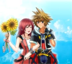  1boy 1girl bad_id bad_pixiv_id blue_eyes bracelet brown_hair closed_eyes couple fingerless_gloves flower gloves hetero jewelry kairi kairi_(kingdom_hearts) kingdom_hearts locked_arms lowres necklace redhead sora_(kingdom_hearts) spirasen sunflower 