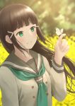  animal bangs black_hair blunt_bangs blurry blurry_background blush butterfly butterfly_on_hand day double-breasted green_neckerchief hair_ornament hairclip hand_up highres kurosawa_dia lips long_hair long_sleeves looking_away love_live! love_live!_sunshine!! mole mole_under_mouth neckerchief outdoors papi_(papiron100) parted_lips school_uniform serafuku signature smile tareme teeth upper_body 