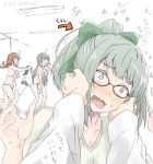  10s @_@ admiral_(kantai_collection) agano_(kantai_collection) black_hair blush bow bra breasts brown_hair changing_clothes commentary_request dated directional_arrow eyebrows_visible_through_hair glasses green_hair green_shirt hair_bow hair_ribbon hands_on_another&#039;s_face kantai_collection long_hair noshiro_(kantai_collection) open_mouth panties ribbon shirt short_hair soil_7yi2i2s standing sweatdrop translated twitter_username underwear wavy_mouth yawning yuubari_(kantai_collection) 