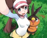  1girl :d black_legwear blue_eyes blurry blush breast_press breasts brown_hair depth_of_field double_bun grass hair_bun looking_at_viewer mei_(pokemon) open_mouth outdoors outstretched_arm pantyhose pokemon pokemon_(game) pokemon_bw2 puffy_shorts shorts smile squid_neetommy tepig twintails visor_cap yellow_shorts 
