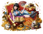  black_hair blue_dress bodskih book breasts china_dress chinese_clothes cleavage cleavage_cutout closed_eyes coin couch dress fan head_tilt hips holding holding_fan large large_breasts long_hair lying nico_robin on_side one_piece open_book shiny shiny_skin skull sleeveless sleeveless_dress smile sparkle thick_thighs thighs transparent_background 
